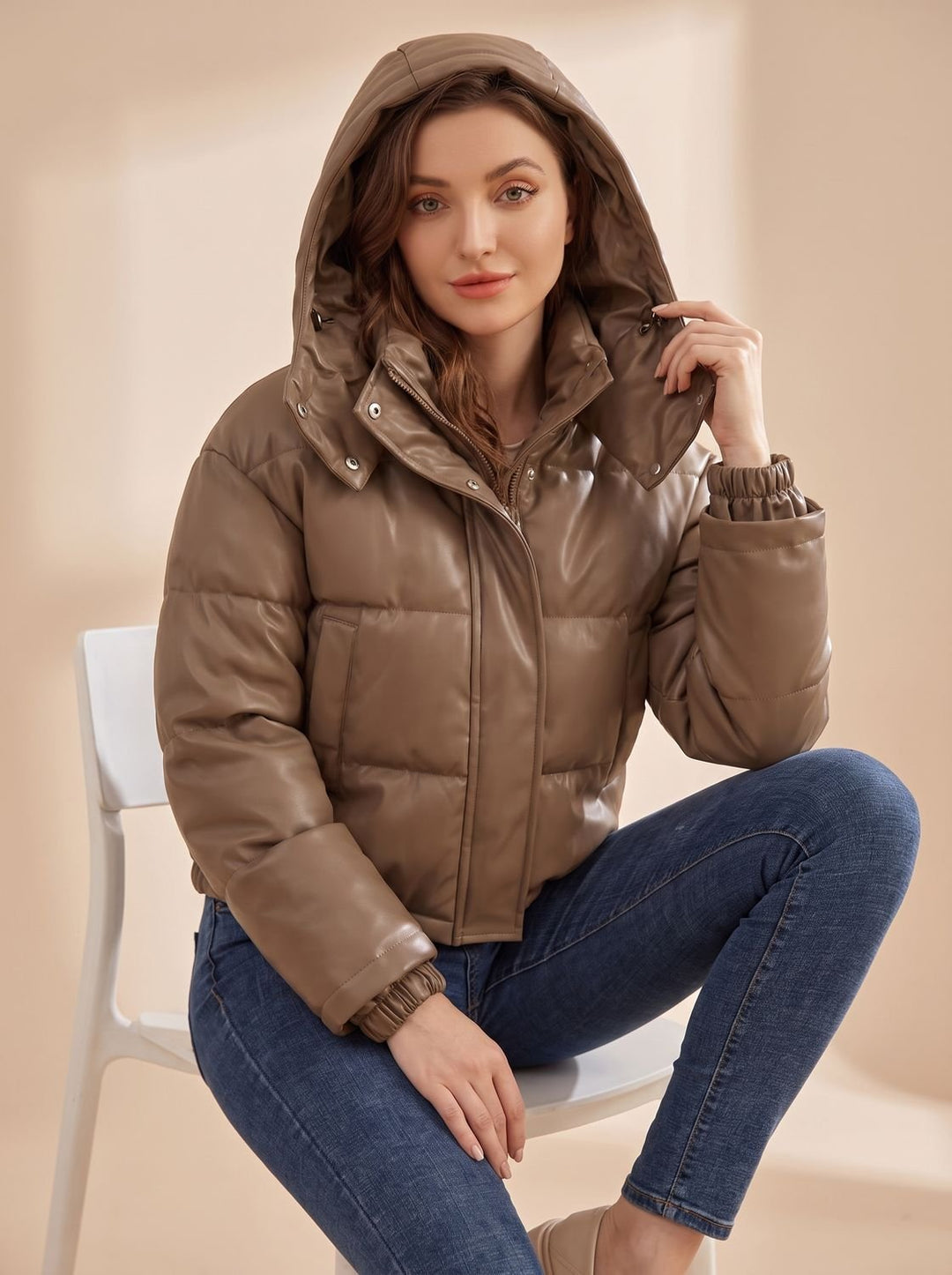 Damen Daunenjacke Gesteppt Kurz Kunstleder Kapuze Winterjacke