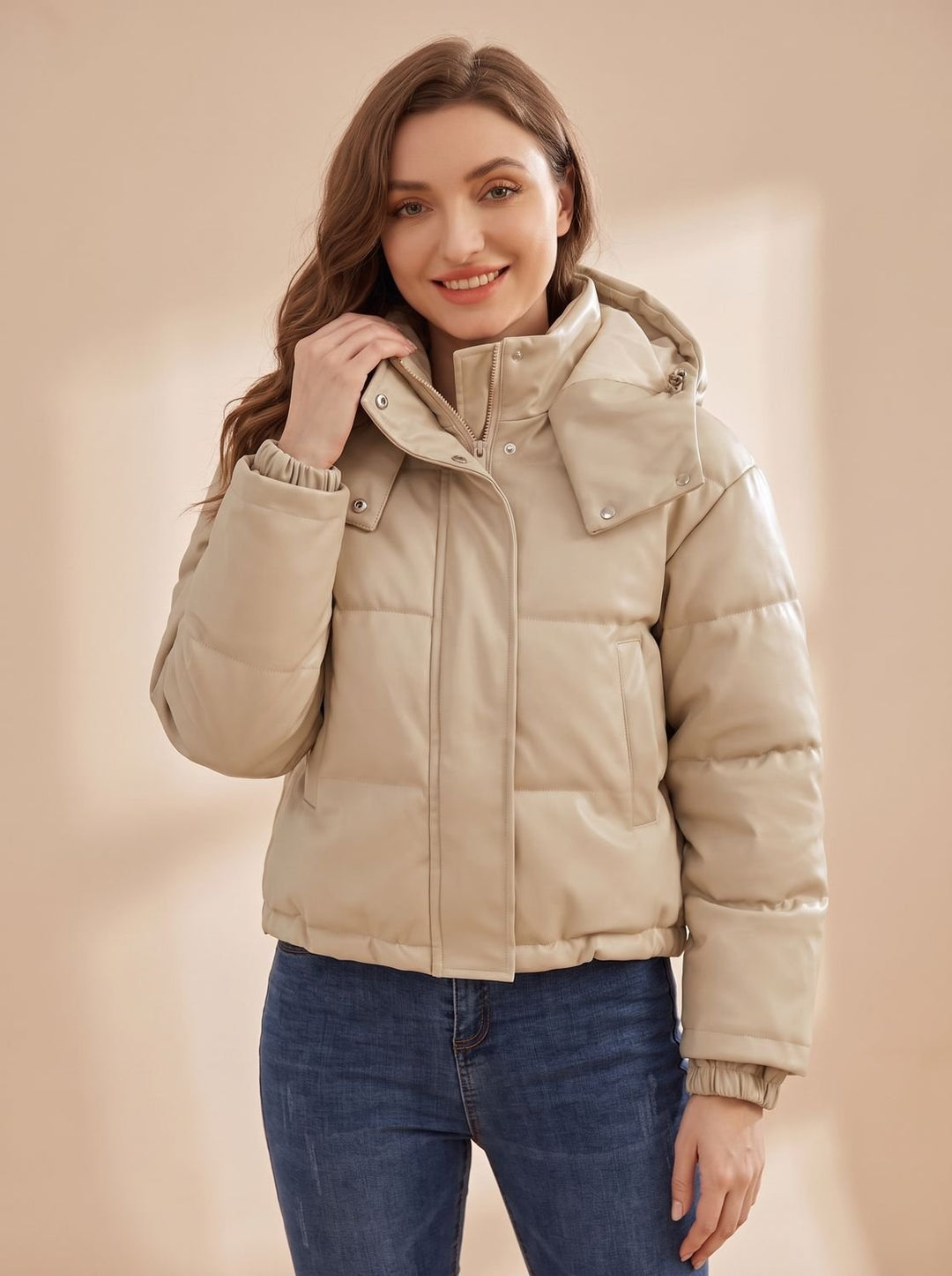 Damen Daunenjacke Gesteppt Kurz Kunstleder Kapuze Winterjacke