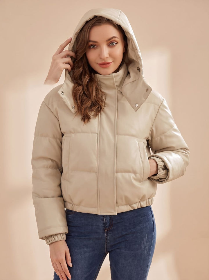 Damen Daunenjacke Gesteppt Kurz Kunstleder Kapuze Winterjacke