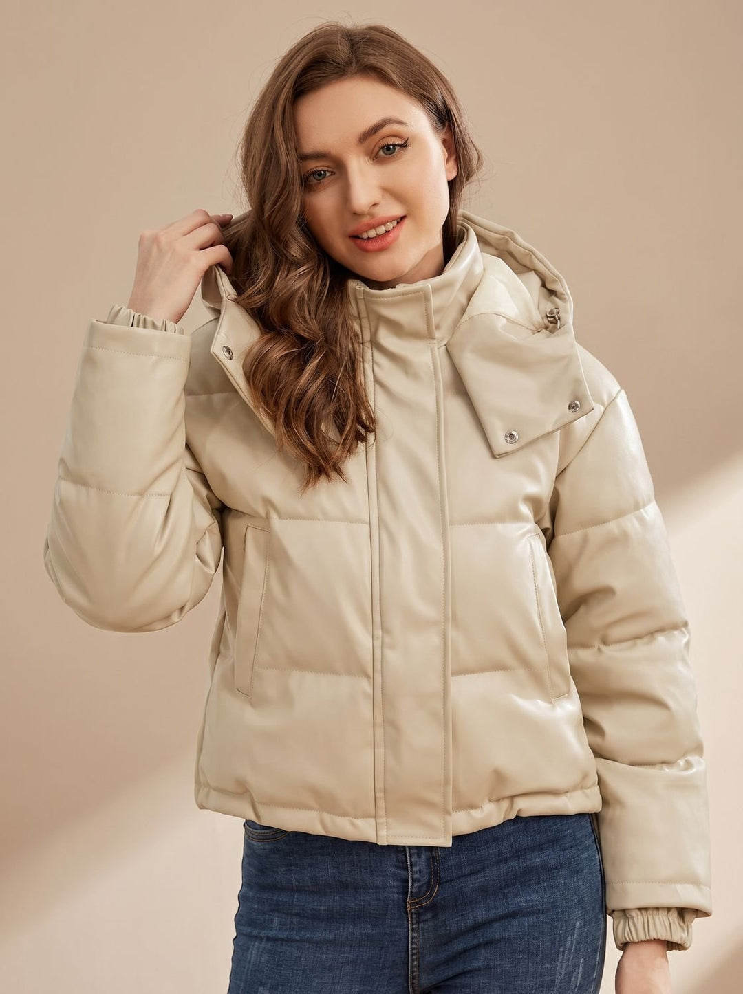 Damen Daunenjacke Gesteppt Kurz Kunstleder Kapuze Winterjacke - Beige
