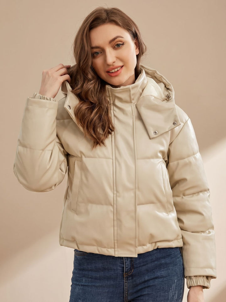 Damen Daunenjacke Gesteppt Kurz Kunstleder Kapuze Winterjacke - Beige