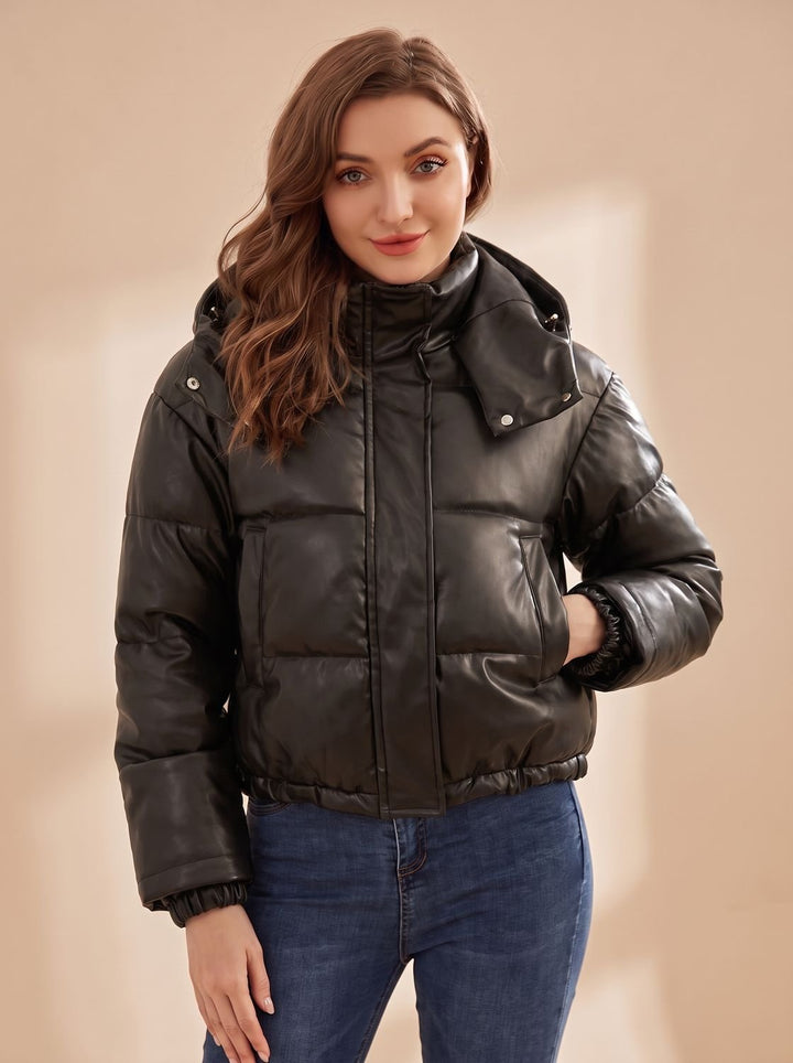 Damen Daunenjacke Gesteppt Kurz Kunstleder Kapuze Winterjacke - Schwarz