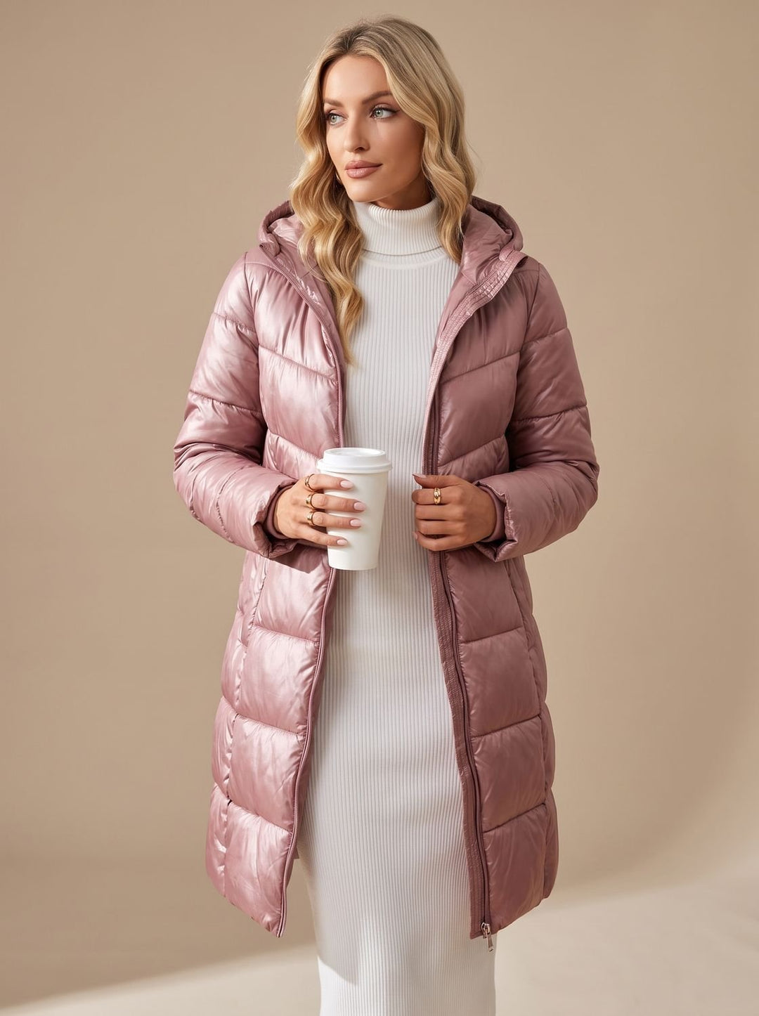 Damen Daunenjacke Midi Steppjacke mit Kapuze und Taschen - Rosa