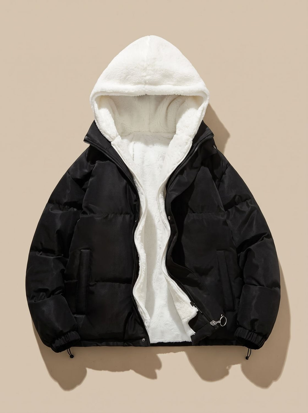 Damen Daunenjacke mit Kapuze Sherpa-Fleece-Futter Winterjacke - Schwarz