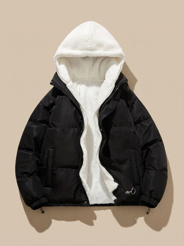 Damen Daunenjacke mit Kapuze Sherpa-Fleece-Futter Winterjacke - Schwarz