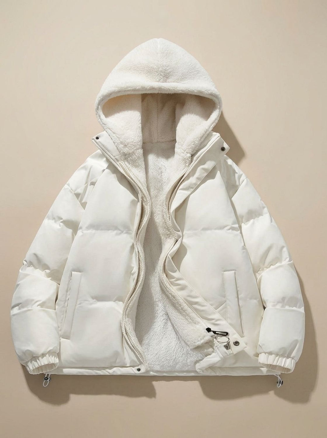Damen Daunenjacke mit Kapuze Sherpa-Fleece-Futter Winterjacke - Weiß