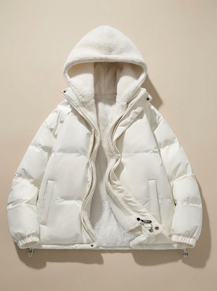 Damen Daunenjacke mit Kapuze Sherpa-Fleece-Futter Winterjacke - Weiß