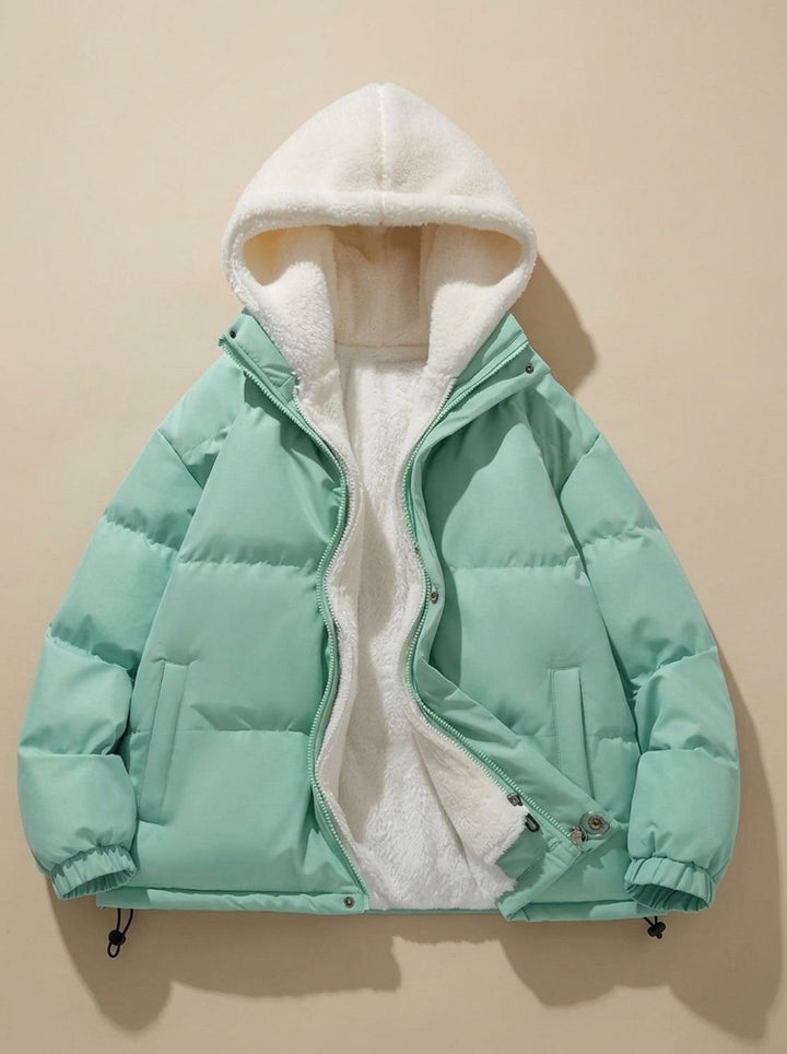 Damen Daunenjacke mit Kapuze Sherpa-Fleece-Futter Winterjacke - Mintgrün
