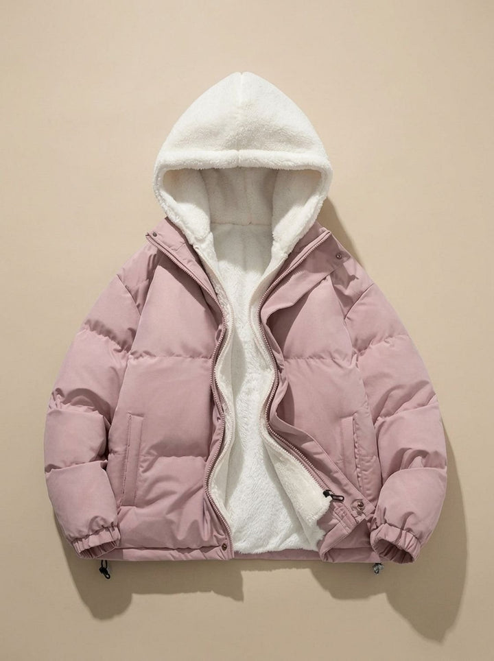 Damen Daunenjacke mit Kapuze Sherpa-Fleece-Futter Winterjacke - Rosa