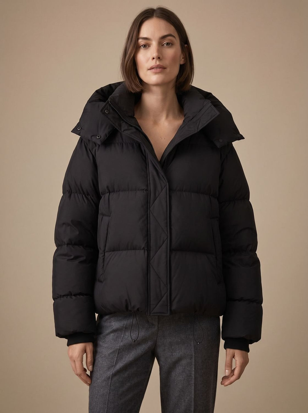 Damen Daunenjacke Oversize Kapuze Kurzjacke Winter - Schwarz