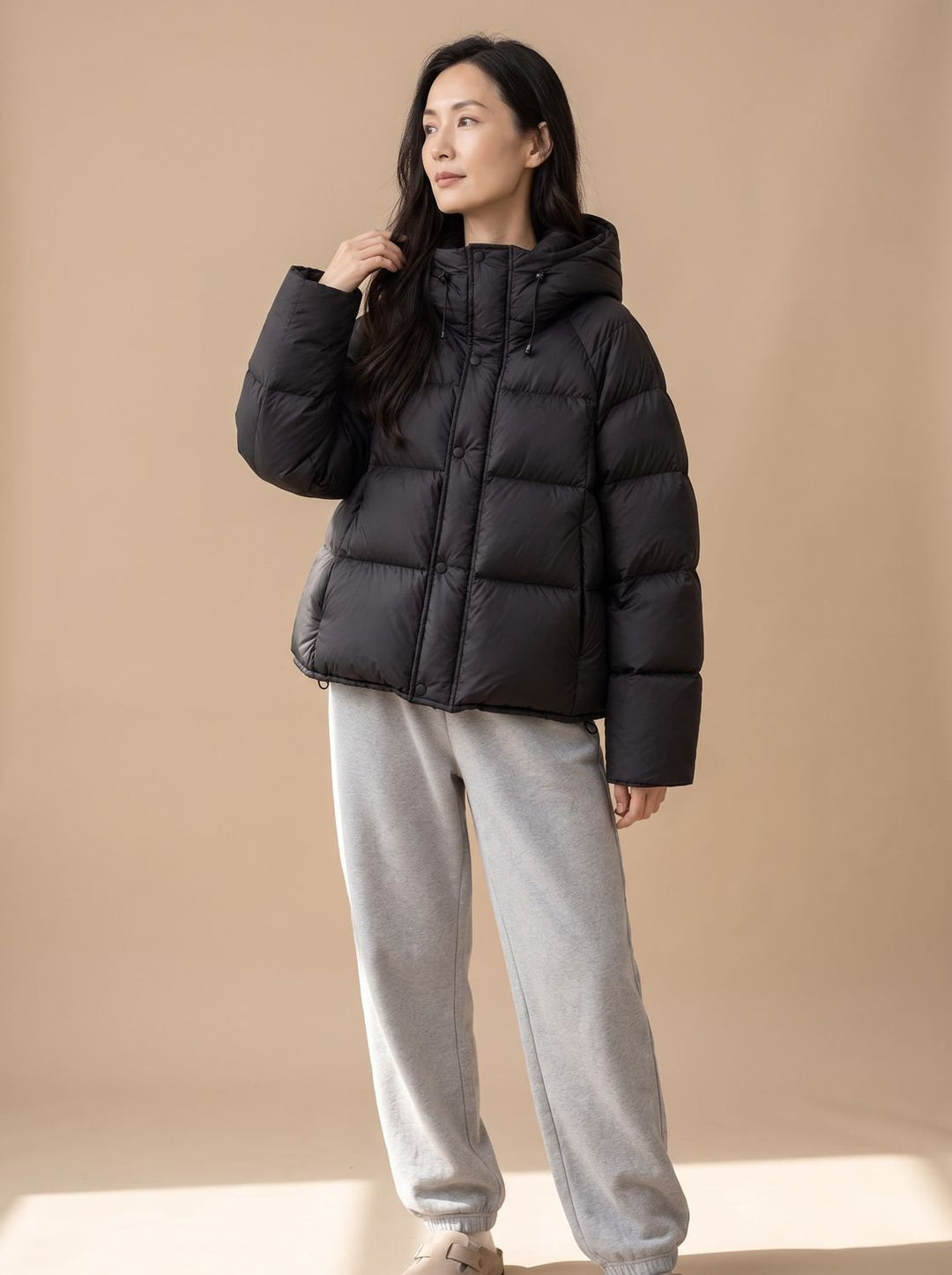 Damen Daunenjacke Oversized Kapuze Steppjacke mit Entendaunen - Schwarz