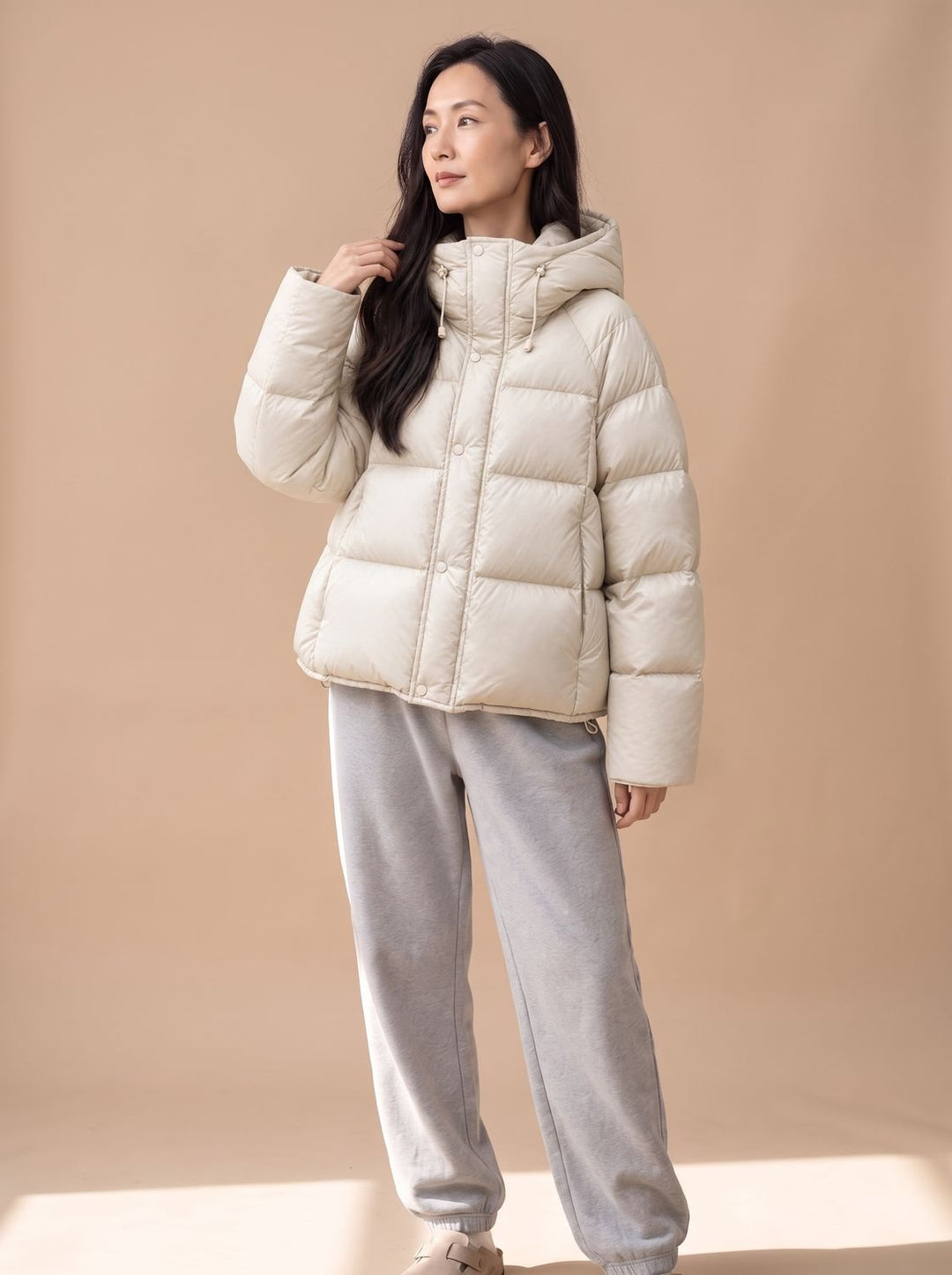 Damen Daunenjacke Oversized Kapuze Steppjacke mit Entendaunen - Creme