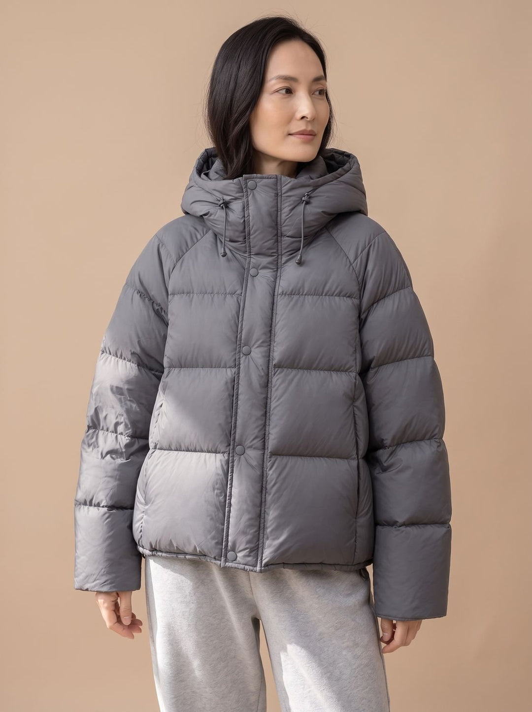 Damen Daunenjacke Oversized Kapuze Steppjacke mit Entendaunen - Grau