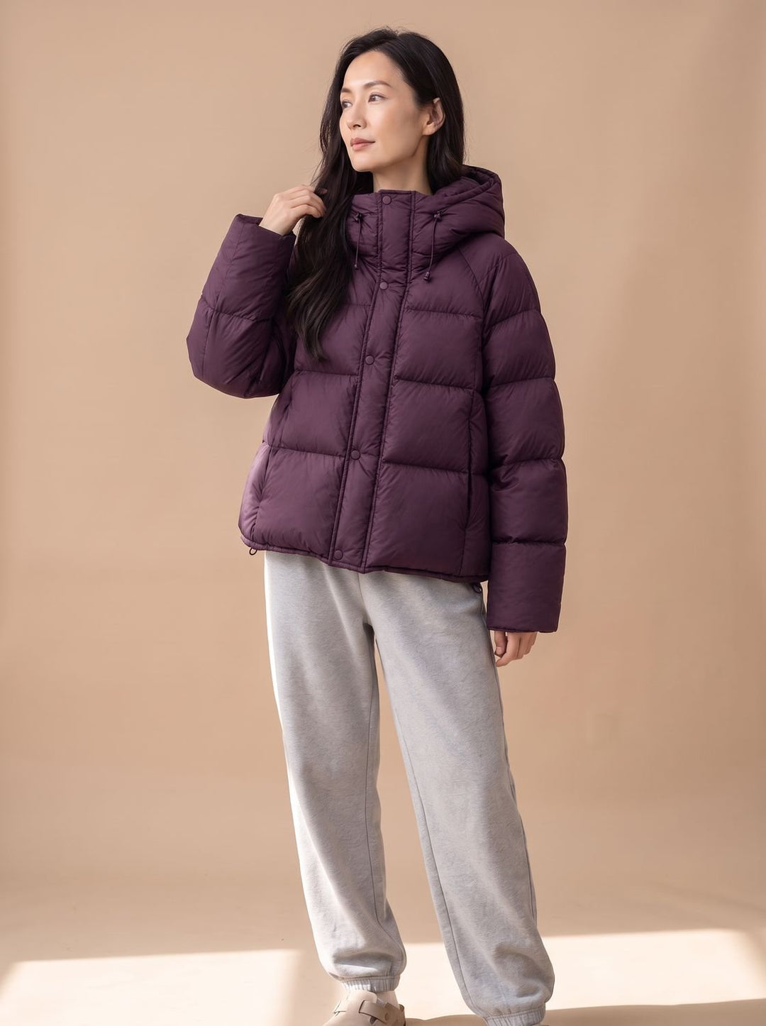 Damen Daunenjacke Oversized Kapuze Steppjacke mit Entendaunen - Lila