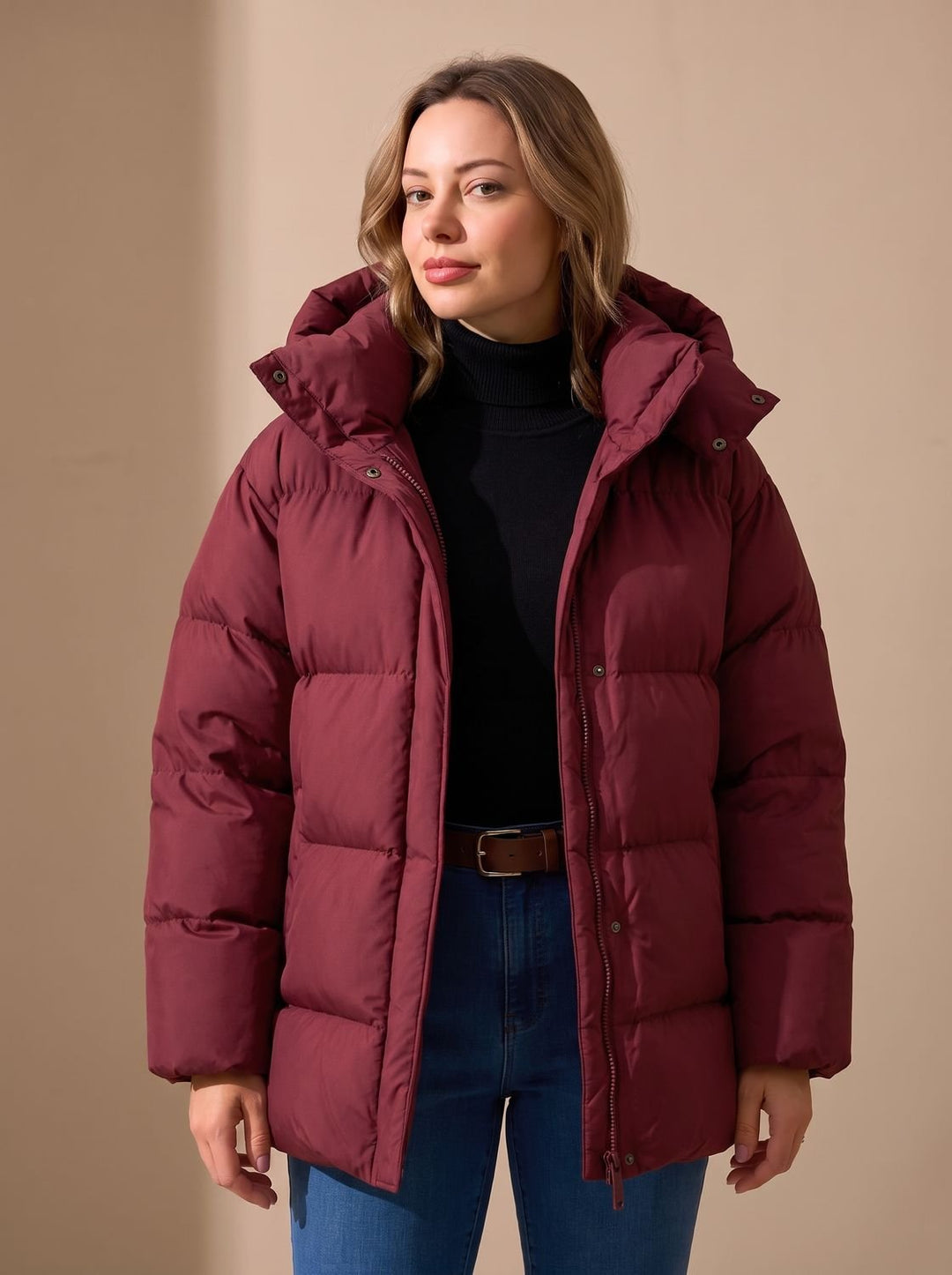 Damen Daunenjacke Oversized Winterjacke mit Kapuze - Weinrot