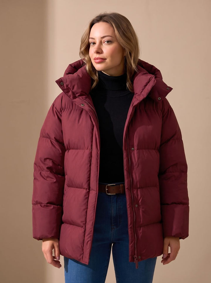 Damen Daunenjacke Oversized Winterjacke mit Kapuze - Weinrot