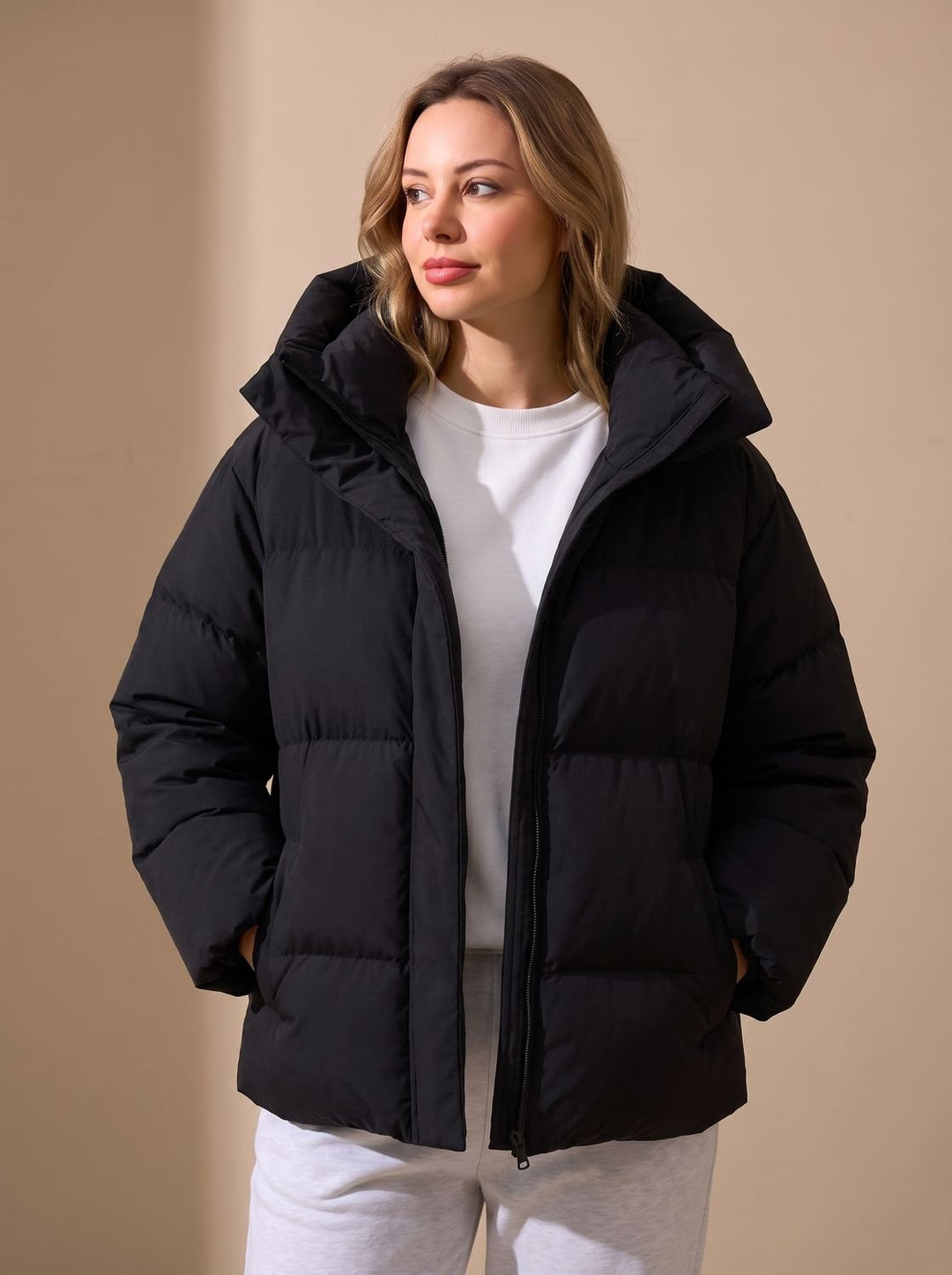 Damen Daunenjacke Oversized Winterjacke mit Kapuze - Schwarz
