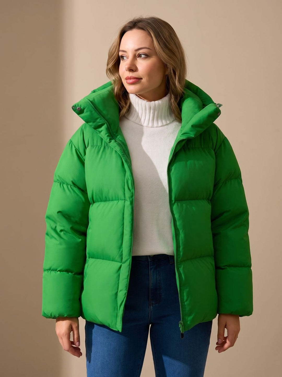 Damen Daunenjacke Oversized Winterjacke mit Kapuze - Grün