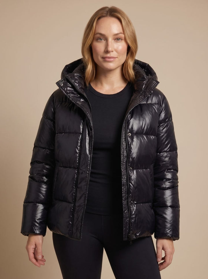 Damen Daunenjacke Puffer Jacke mit Kapuze Glänzend Loose-Fit - Schwarz