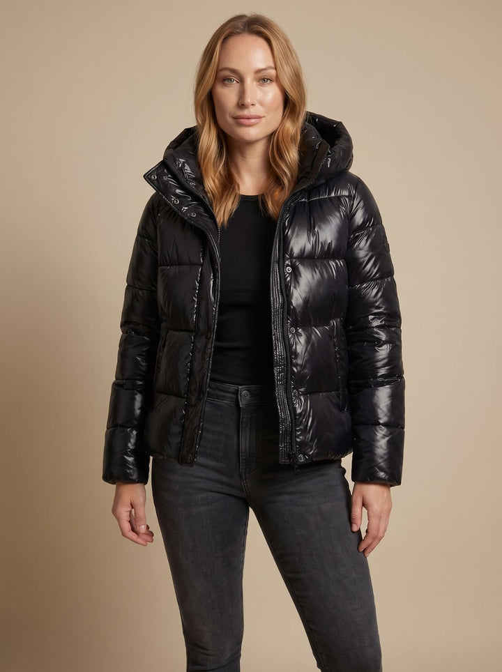 Damen Daunenjacke Puffer Jacke mit Kapuze Glänzend Loose-Fit