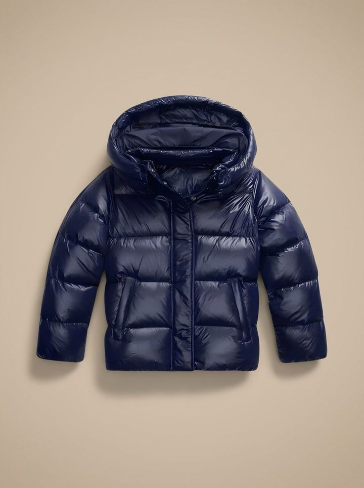 Damen Daunenjacke Puffer Jacke mit Kapuze Glänzend Loose-Fit - Blau