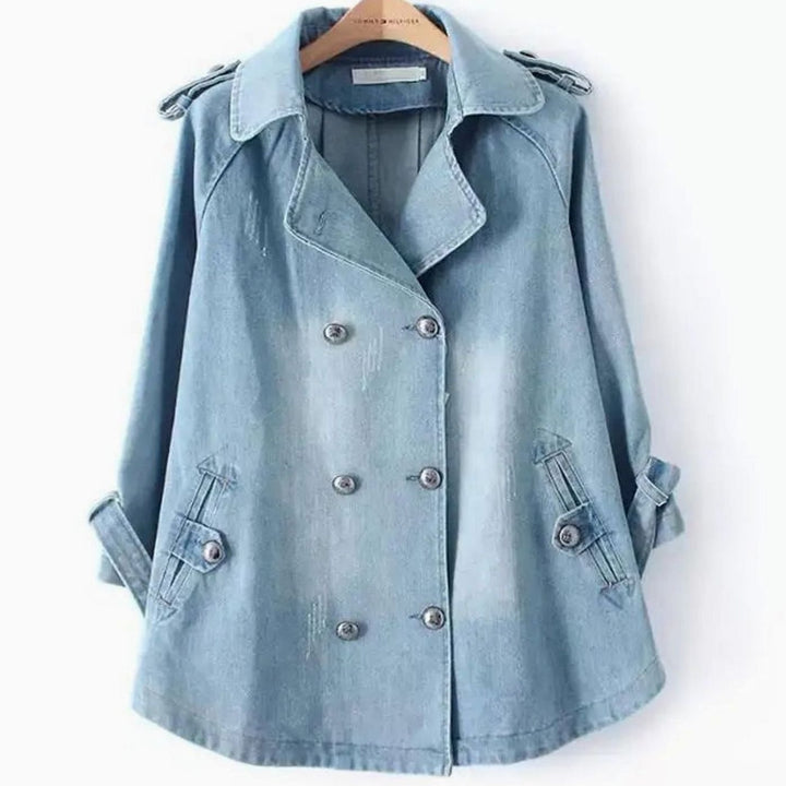 Damen Denim-Cape-Mantel Oversized Doppelknopf Vintage-Wash - Blau