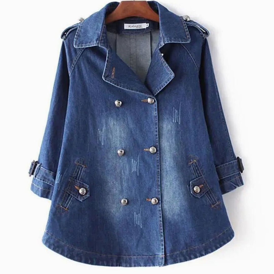 Damen Denim-Cape-Mantel Oversized Doppelknopf Vintage-Wash - Marineblau