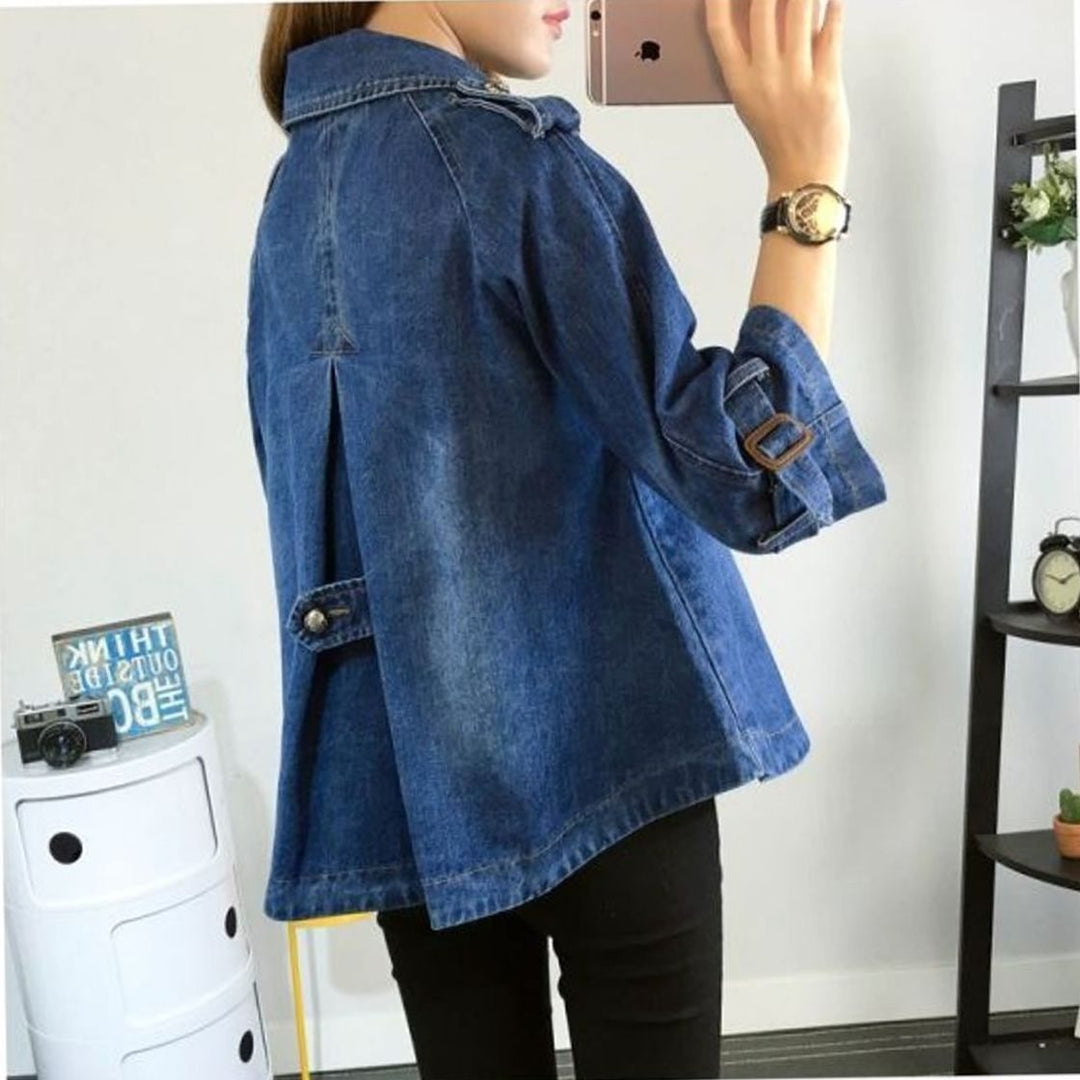 Damen Denim-Cape-Mantel Oversized Doppelknopf Vintage-Wash