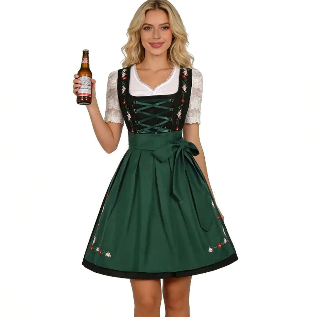 Damen Dirndl 3-teiliges Set mit Blumenstickerei Schnürung