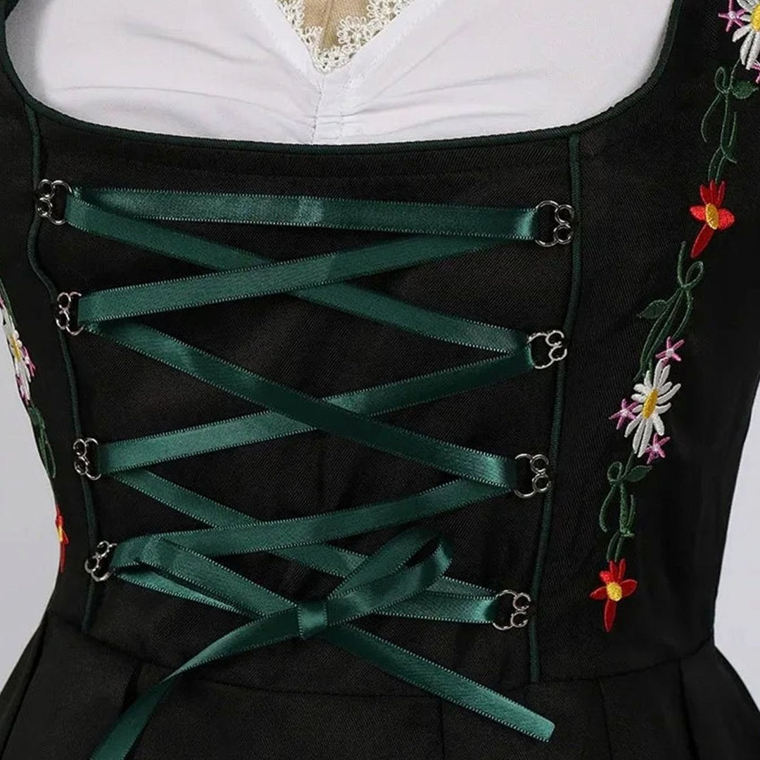 Damen Dirndl 3-teiliges Set mit Blumenstickerei Schnürung