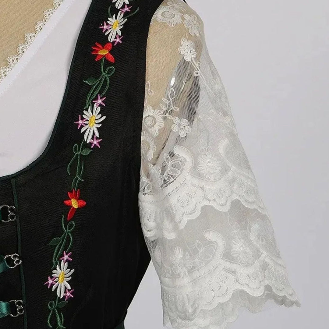 Damen Dirndl 3-teiliges Set mit Blumenstickerei Schnürung
