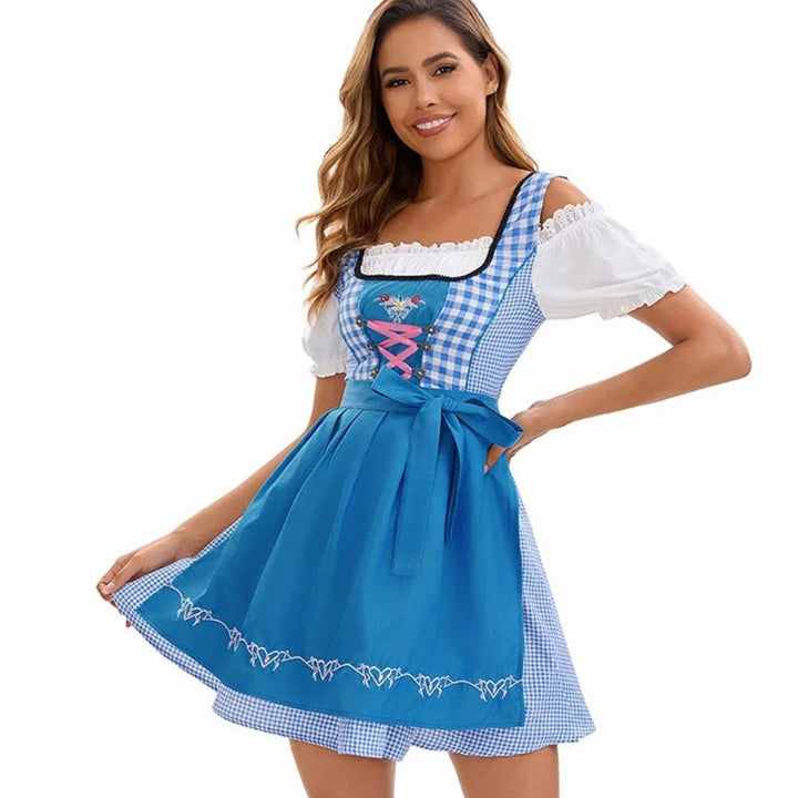 Damen Dirndl Kleid Kariert Schulterfrei mit Schürze und Stickerei