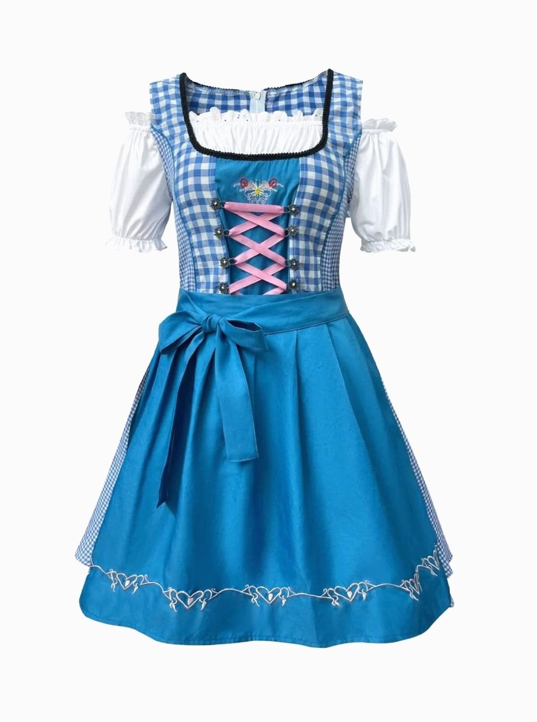 Damen Dirndl Kleid Kariert Schulterfrei mit Schürze und Stickerei