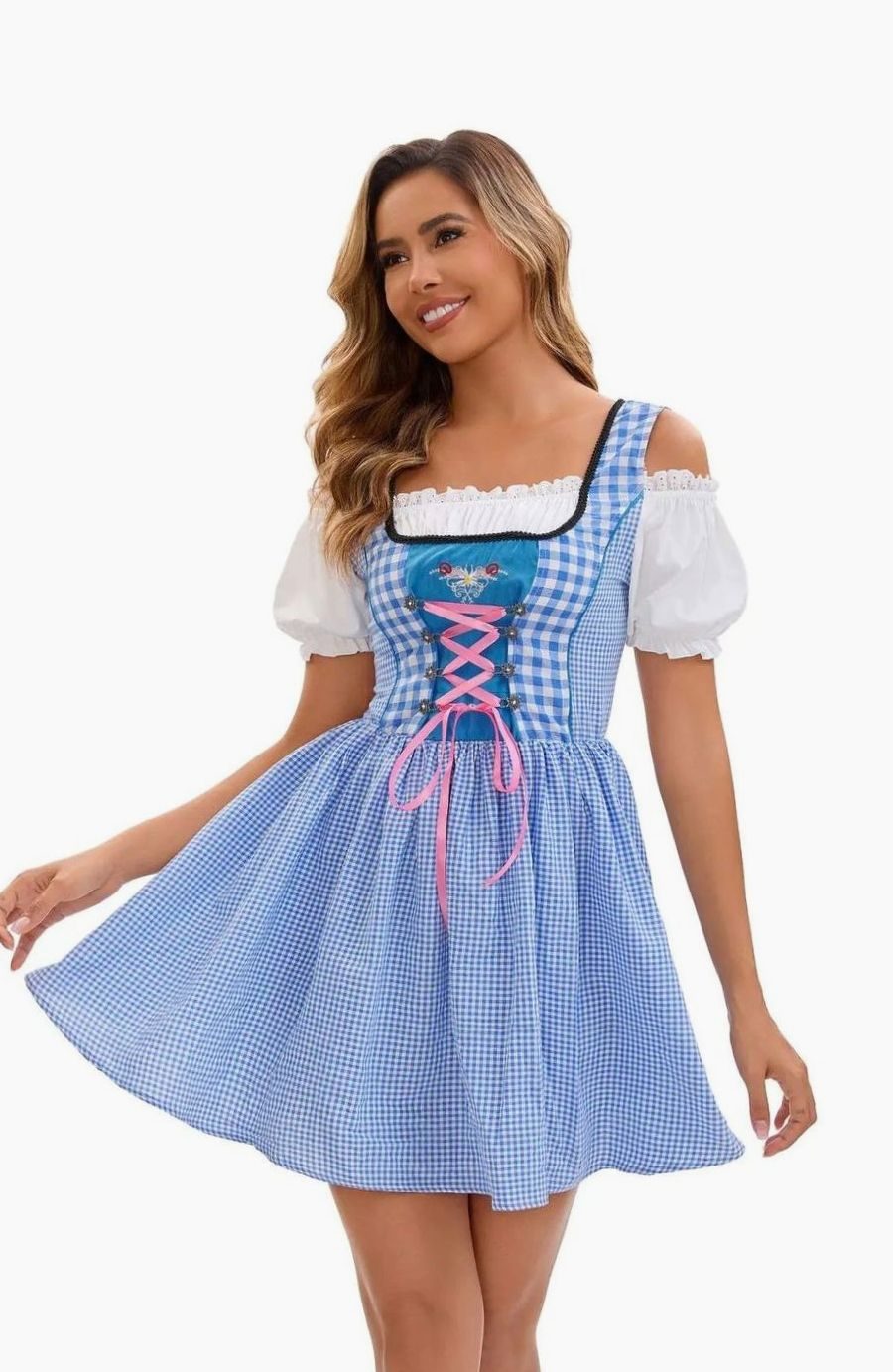 Damen Dirndl Kleid Kariert Schulterfrei mit Schürze und Stickerei