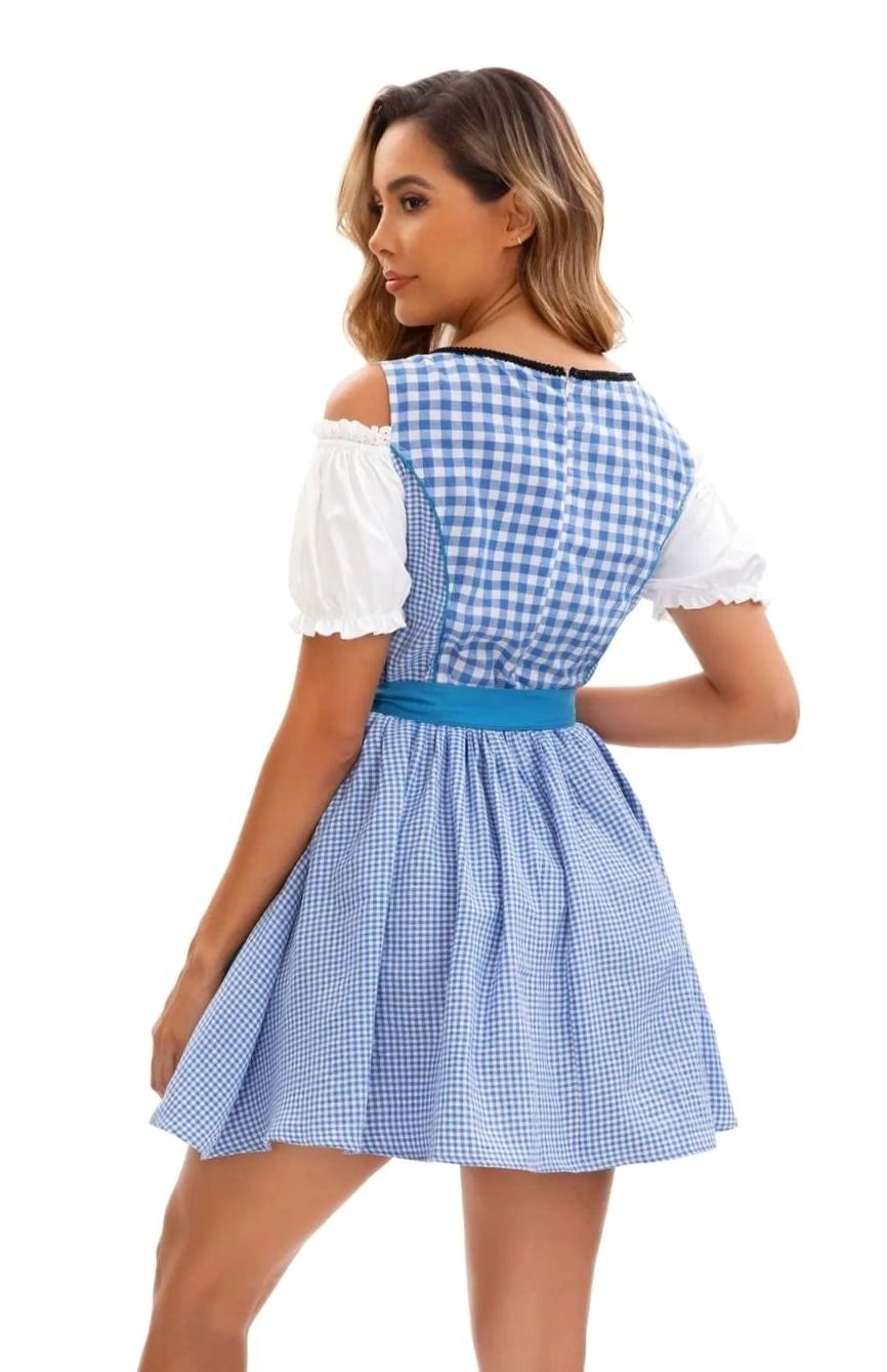 Damen Dirndl Kleid Kariert Schulterfrei mit Schürze und Stickerei