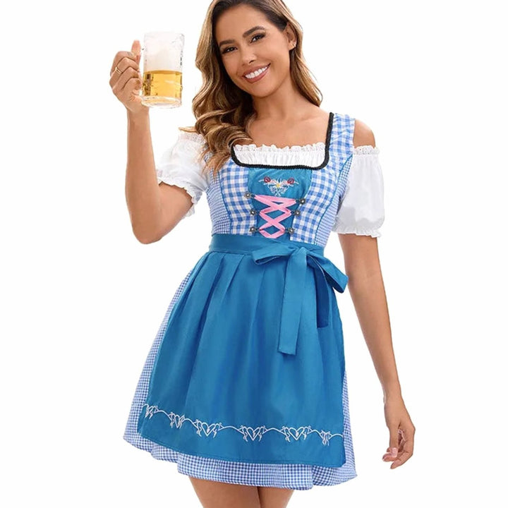 Damen Dirndl Kleid Kariert Schulterfrei mit Schürze und Stickerei - Blau