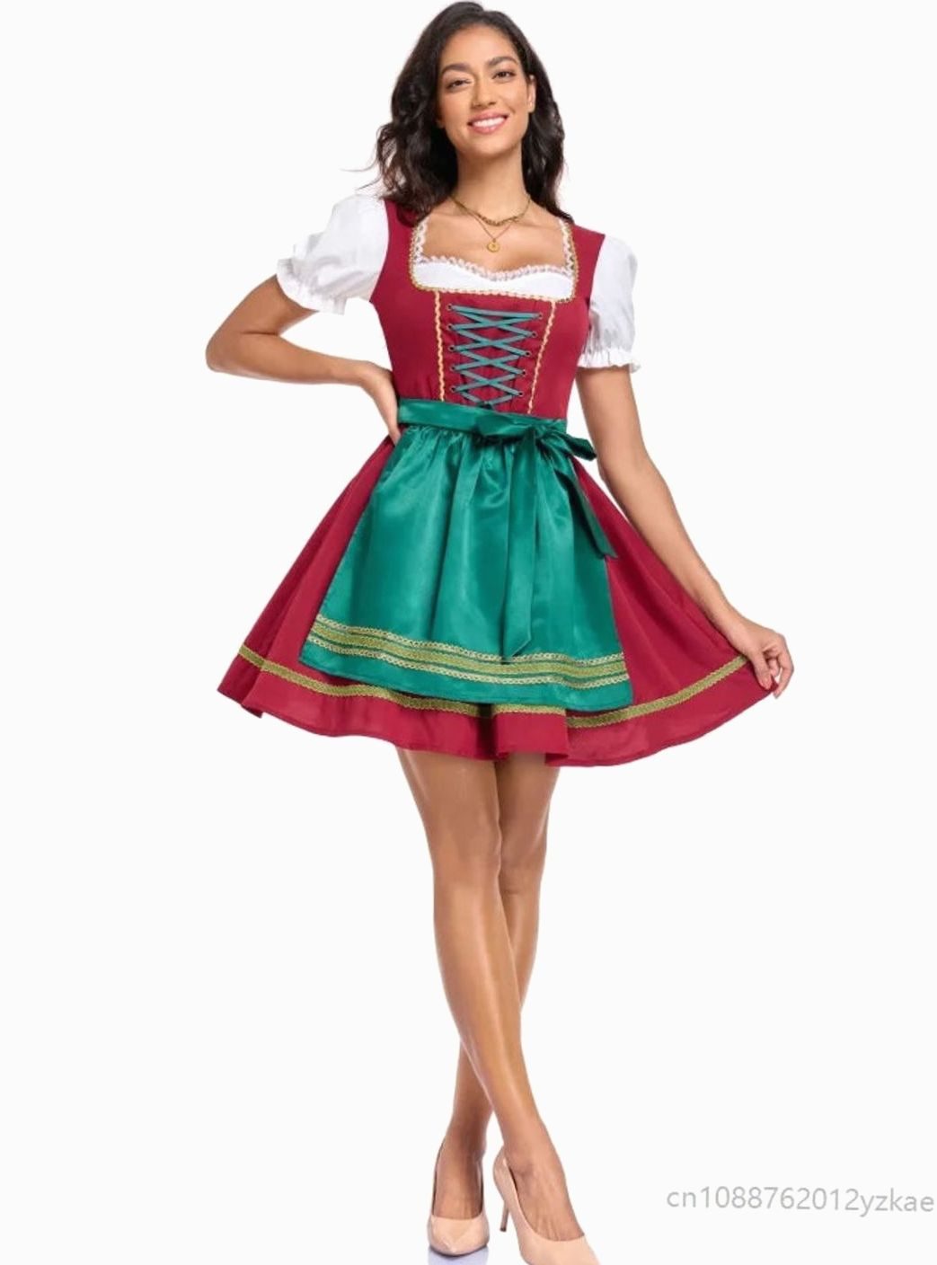 Damen Dirndl Minikleid Schnürung Schürze Oktoberfest Kostüm - Rot