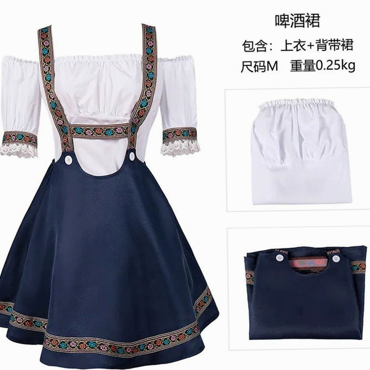 Damen Dirndl-Set Carmenbluse mit Träger bestickt Oktoberfest - Dunkelblau