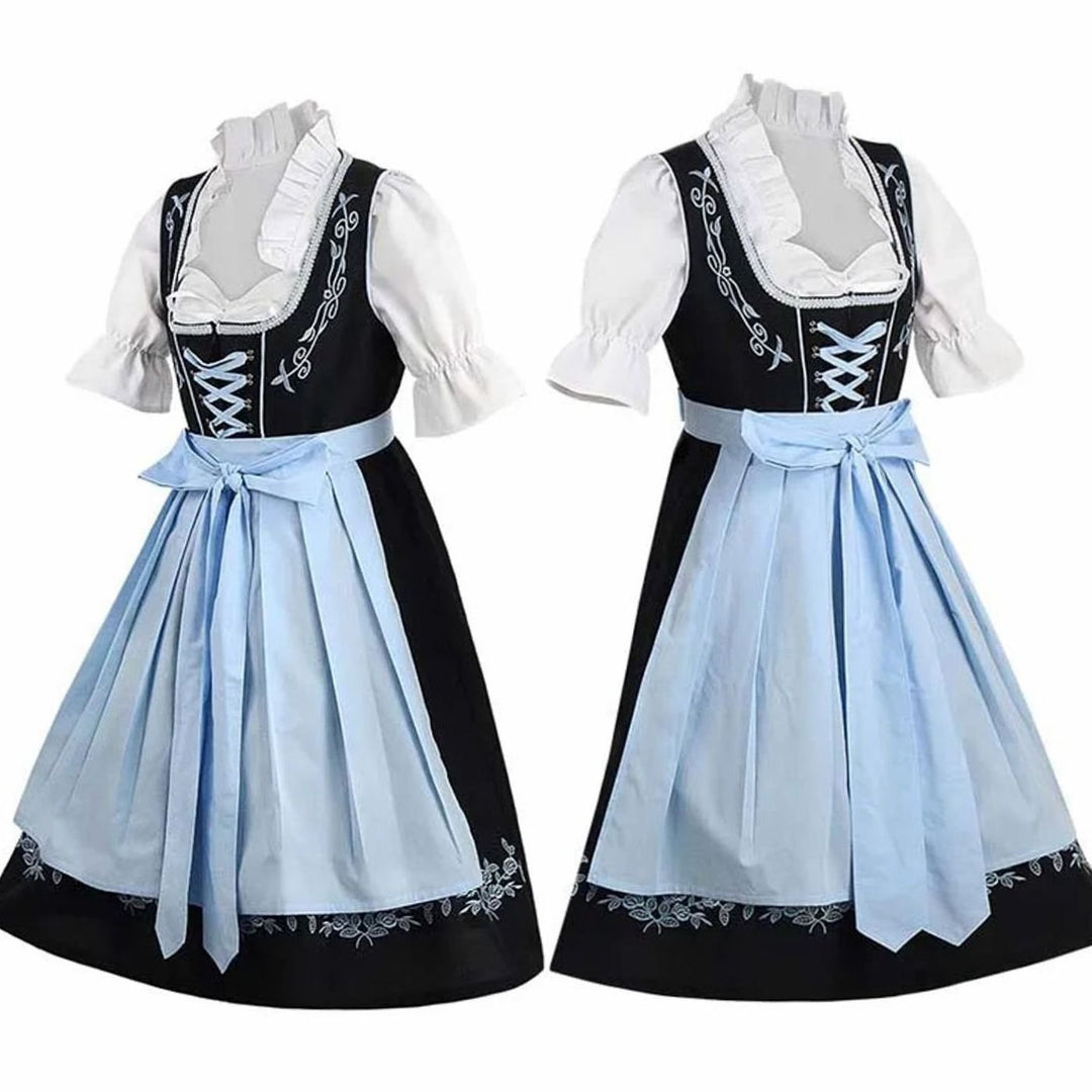 Damen Dirndl-Set Schwarz Hellblau mit Stickerei Schürze Bluse