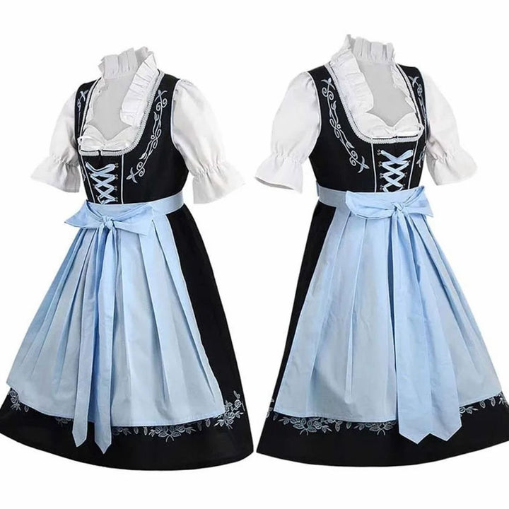 Damen Dirndl-Set Schwarz Hellblau mit Stickerei Schürze Bluse
