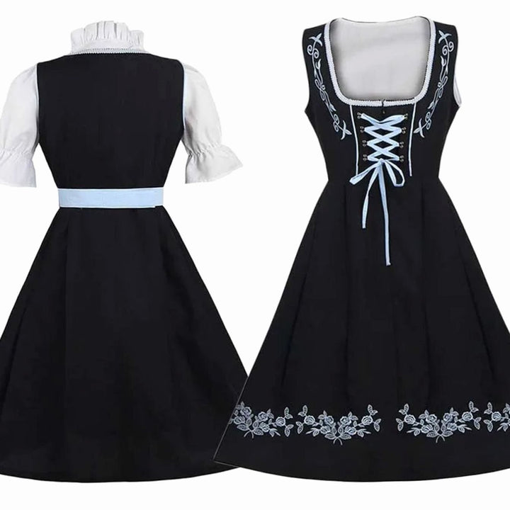 Damen Dirndl-Set Schwarz Hellblau mit Stickerei Schürze Bluse