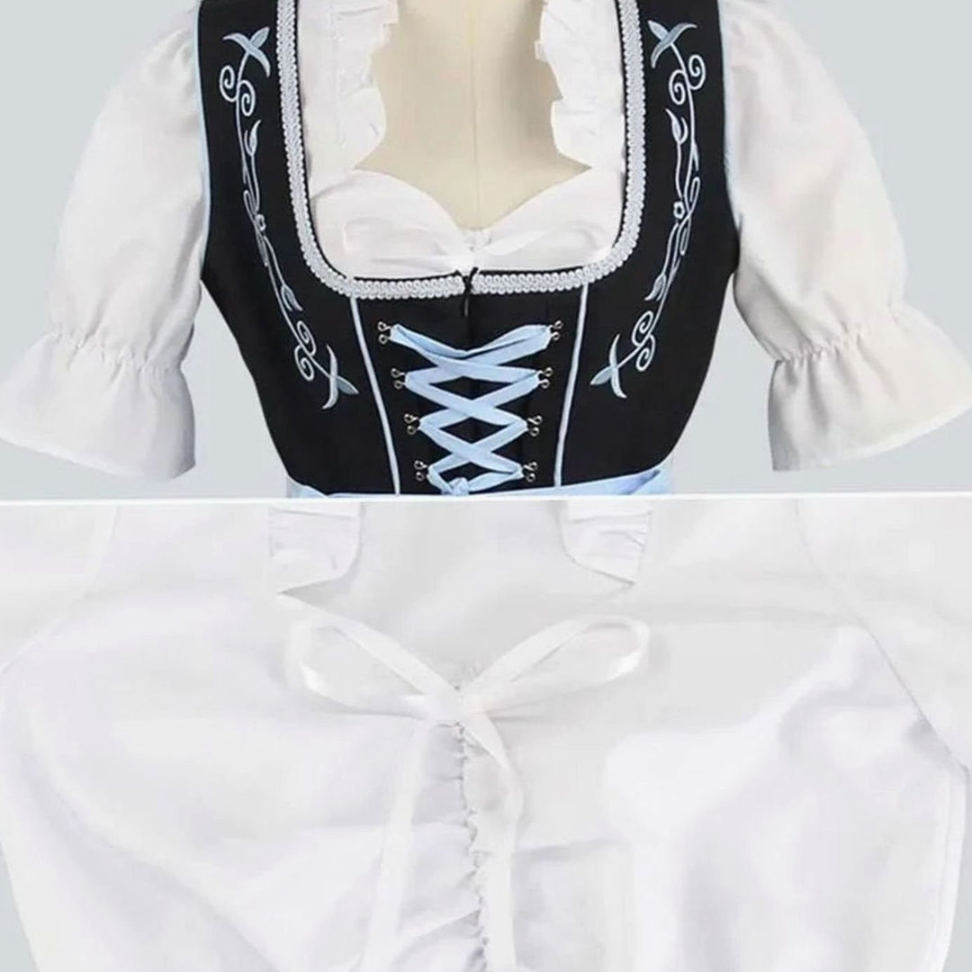 Damen Dirndl-Set Schwarz Hellblau mit Stickerei Schürze Bluse