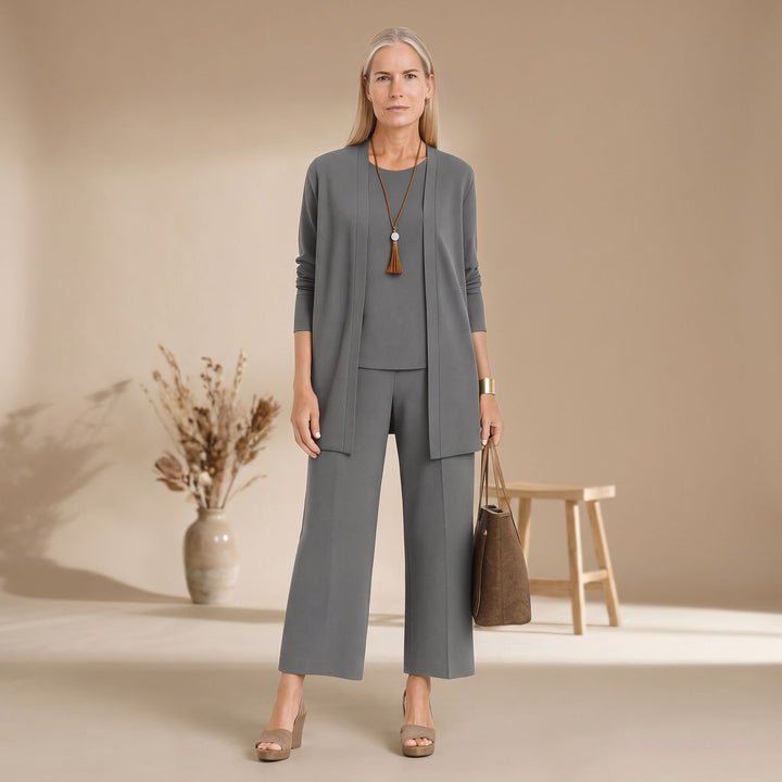 Damen Dreiteiliger Hosenanzug Set Weite Hose Cardigan Top - Grau