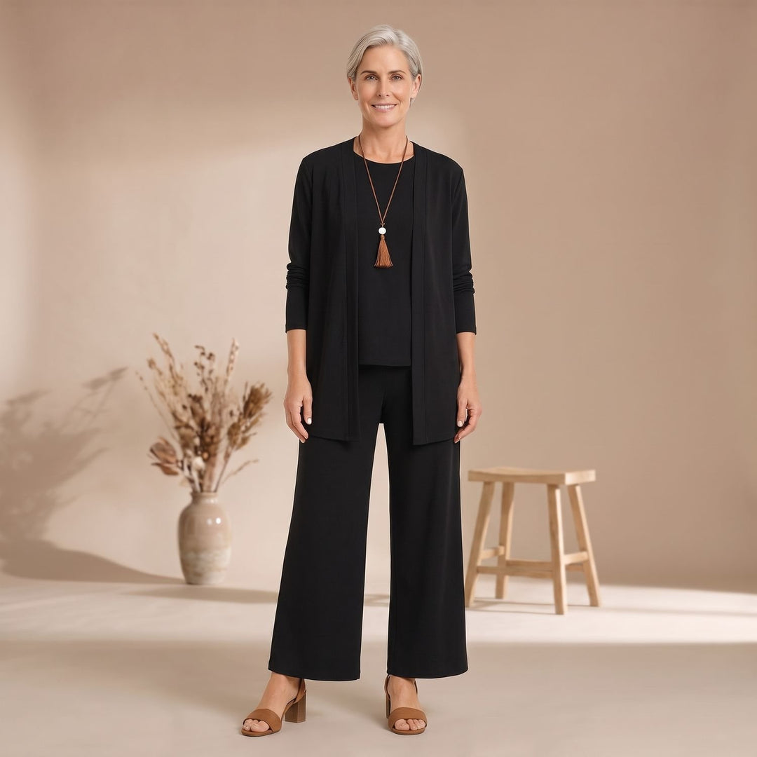 Damen Dreiteiliger Hosenanzug Set Weite Hose Cardigan Top - Schwarz