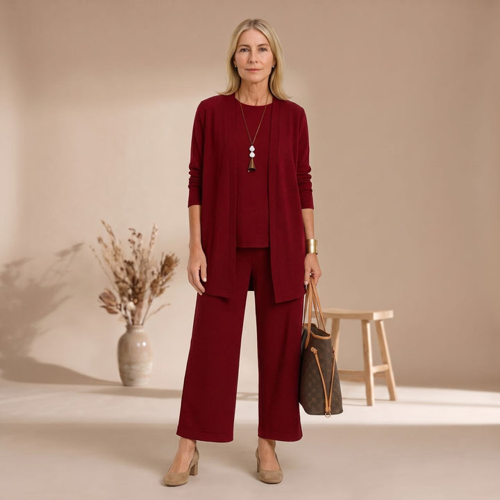 Damen Dreiteiliger Hosenanzug Set Weite Hose Cardigan Top - Rot
