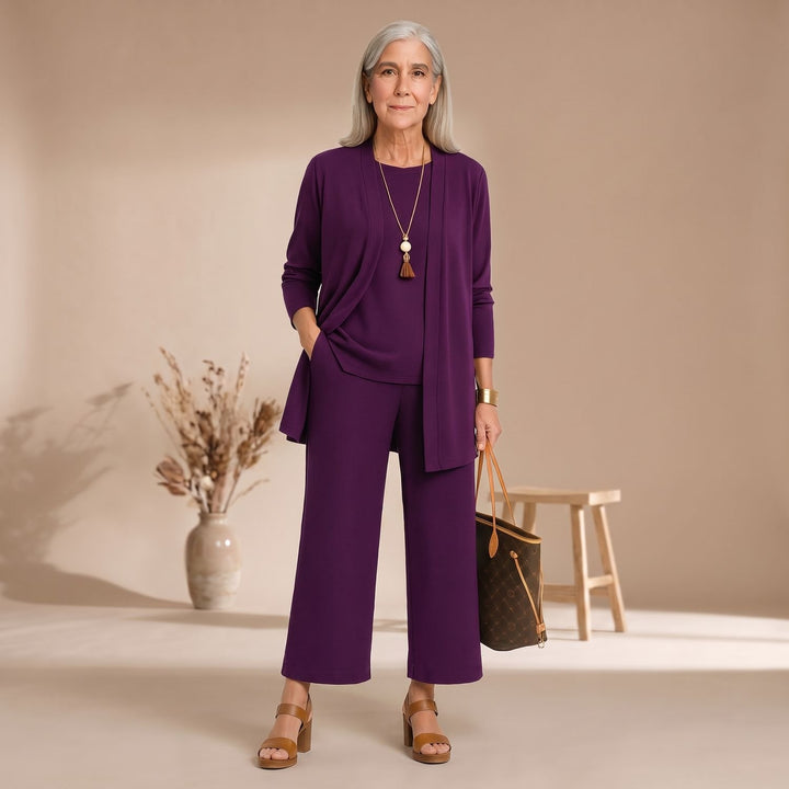 Damen Dreiteiliger Hosenanzug Set Weite Hose Cardigan Top - Violett