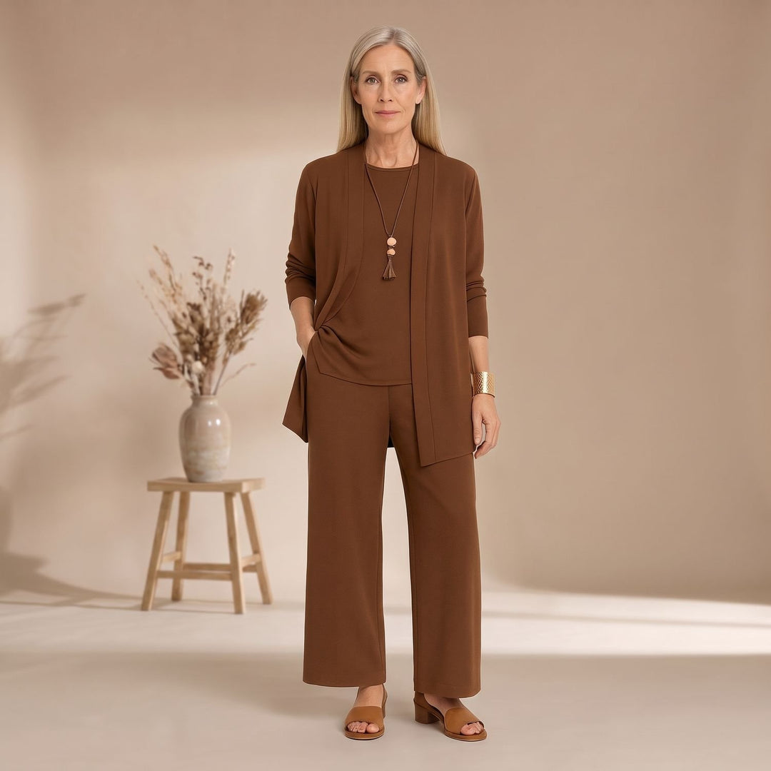 Damen Dreiteiliger Hosenanzug Set Weite Hose Cardigan Top - Braun