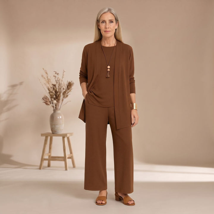 Damen Dreiteiliger Hosenanzug Set Weite Hose Cardigan Top - Braun
