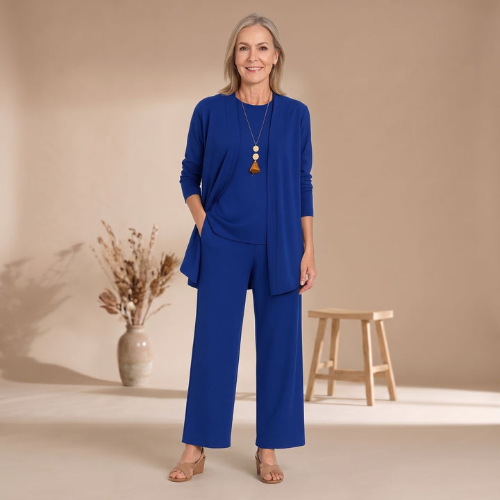 Damen Dreiteiliger Hosenanzug Set Weite Hose Cardigan Top - Blau