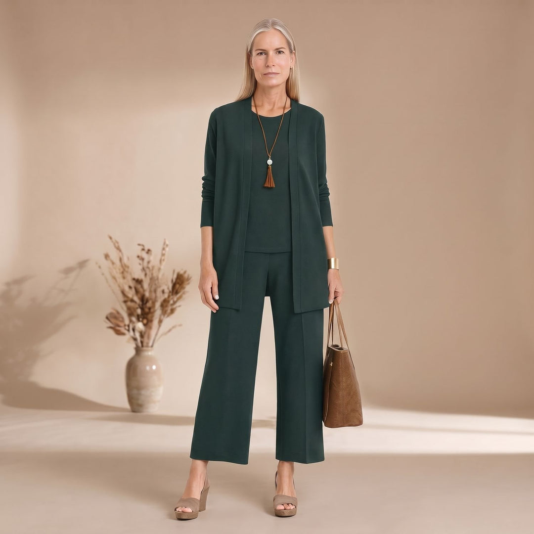 Damen Dreiteiliger Hosenanzug Set Weite Hose Cardigan Top - Grün